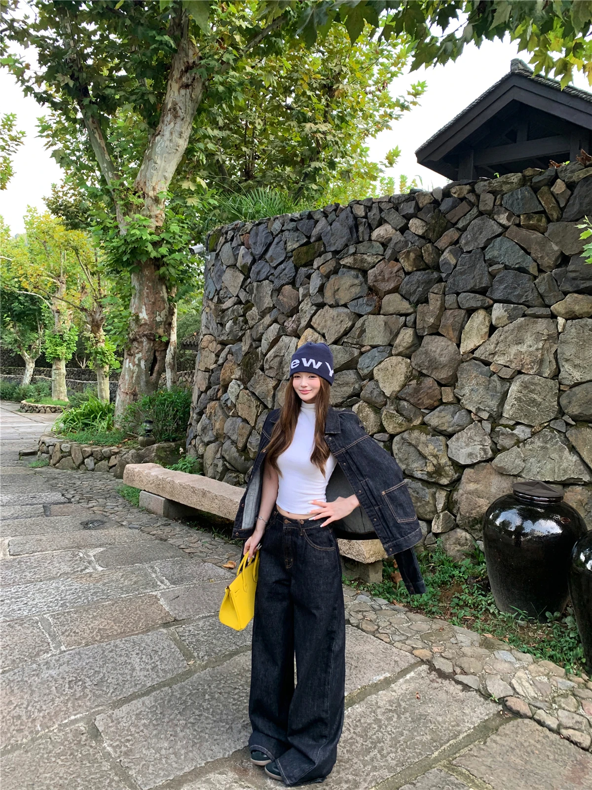 

Ретро-куртка в американском стиле с длинными рукавами, женский зимний джинсовый комплект, повседневные широкие брюки, модный комплект из двух предметов для города