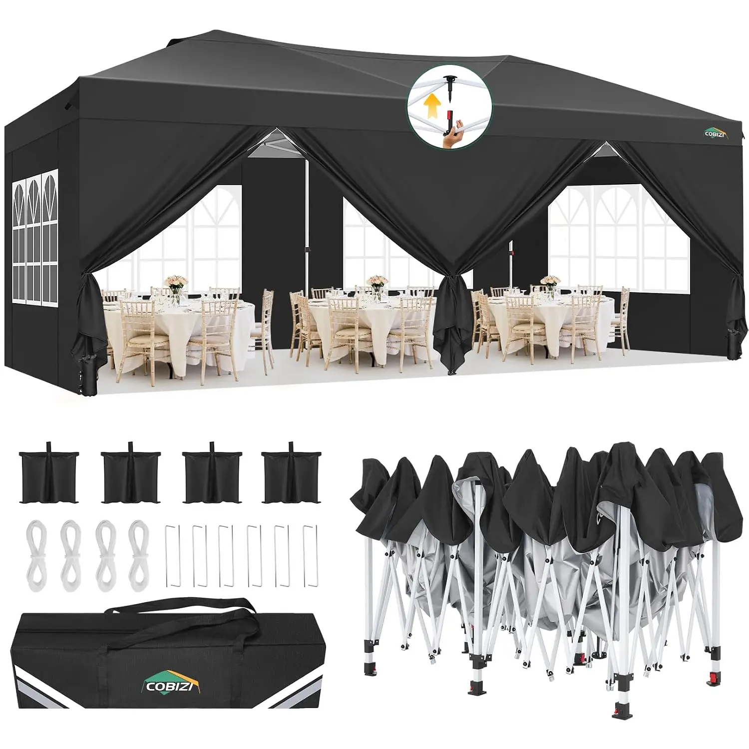 10x20 FT Pop Up Canopy Tent with 6 Sidewalls, One-Push Setup, Waterproof UPF 50+ Party Shelter with 3 Heights, Stakes and Ropes