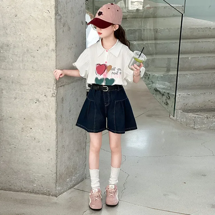 

2025 Summer French Princess Shirt Casual Denim shorts+belt teen girls Love white blouse junior Children kdi clothes outfits 4-14