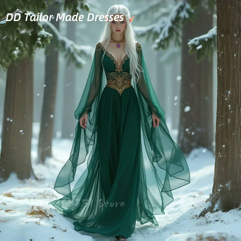 Elfenprinzessin-Abschlussballkleid mit langen Ärmeln, A-Linie, bodenlang, smaragdgrünes Maskeradekleid, V-Ausschnitt, formelles Partykleid, individuell gestaltet