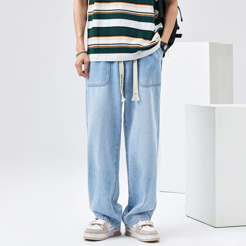 Men Spring Summer Streetwear Lightweight Denim Fashion Vintage Loose Casual Straight Wide Leg Baggy Jeans Pants Jeans Trousers