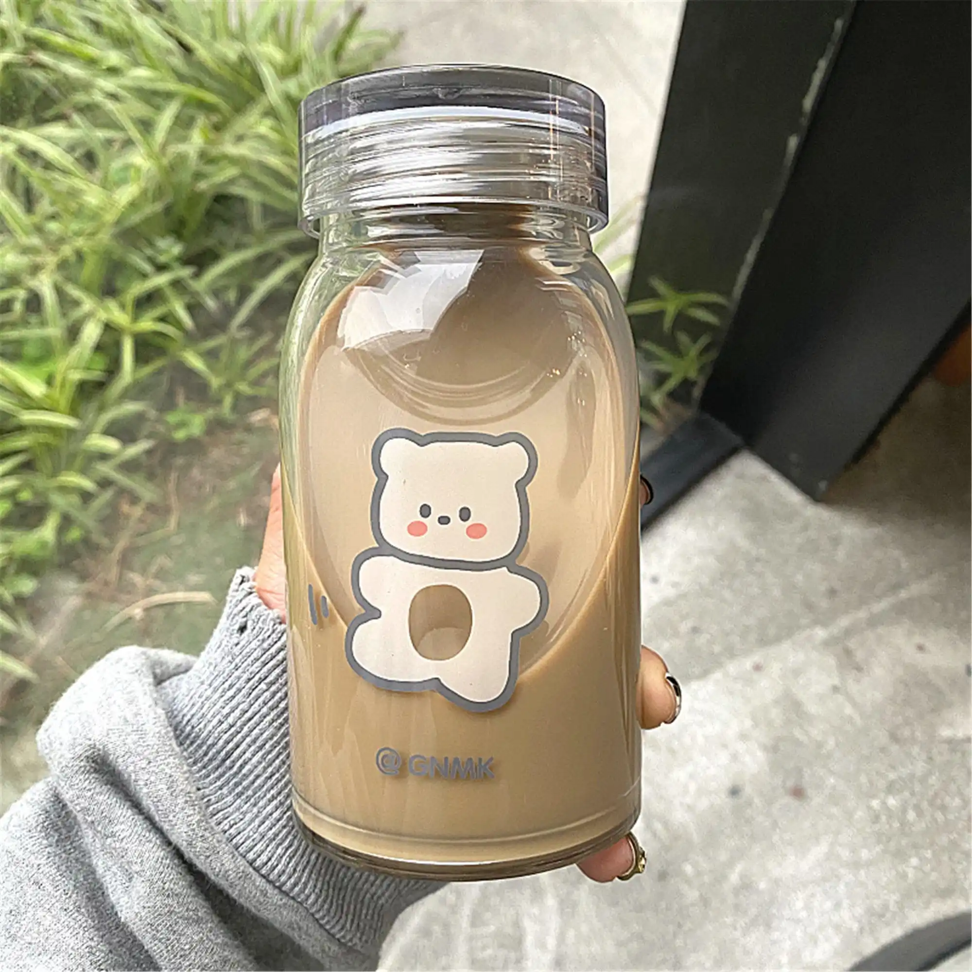 Cute Bear Glass Water Bottle With Lid Clear Printing Water Bottle Portable Cartoon Aesthetic Travel Water Bottle 500ML Couple