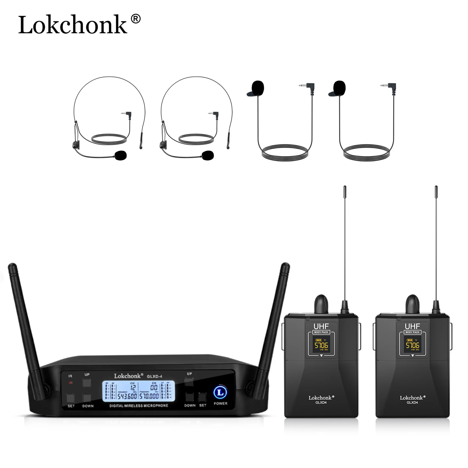 GLXD4 Professional  2 Channel UHF Wireless Microphone System Lavalier & Headset Mic 50m Range  For Karaoke KTV Church Party