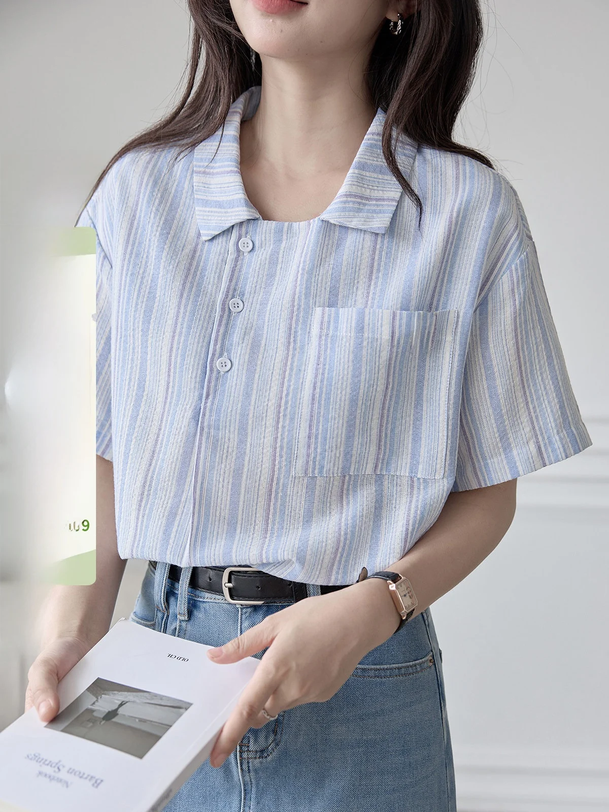 

Blue Striped Women's irt ort Sve Spring 2026 New Arrival HUIXI Design Sensation Versatile Commute Sle Loose Fit
