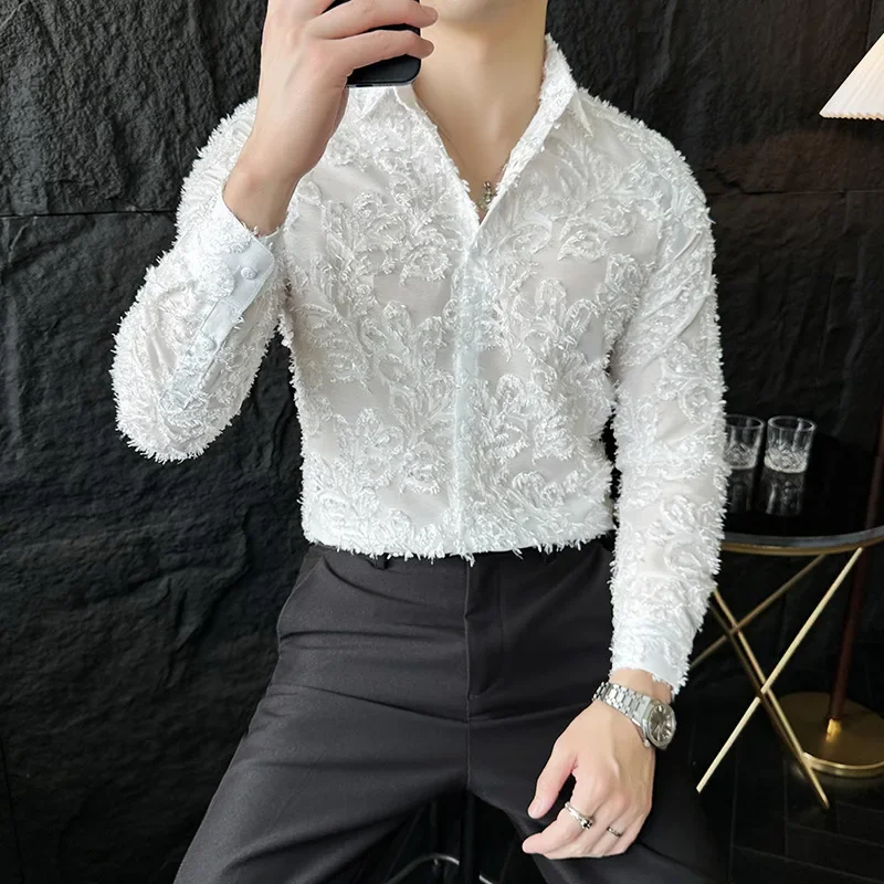 

Sexy Tassel See Through Shirt for Men Autumn Long Sleeve Slim Casual Shirts Nightclub Stage Party DJ Performance Costumes