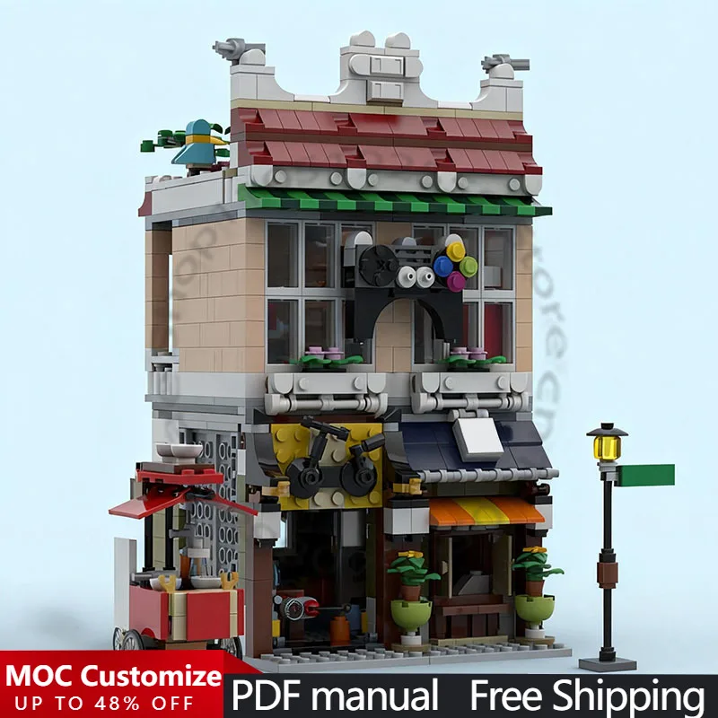 

1080 PCS Construction Arcade & Bike Repair Shop MOC Customize Modular Building Block Popular Brick Model DIY Assembly Toy Gift