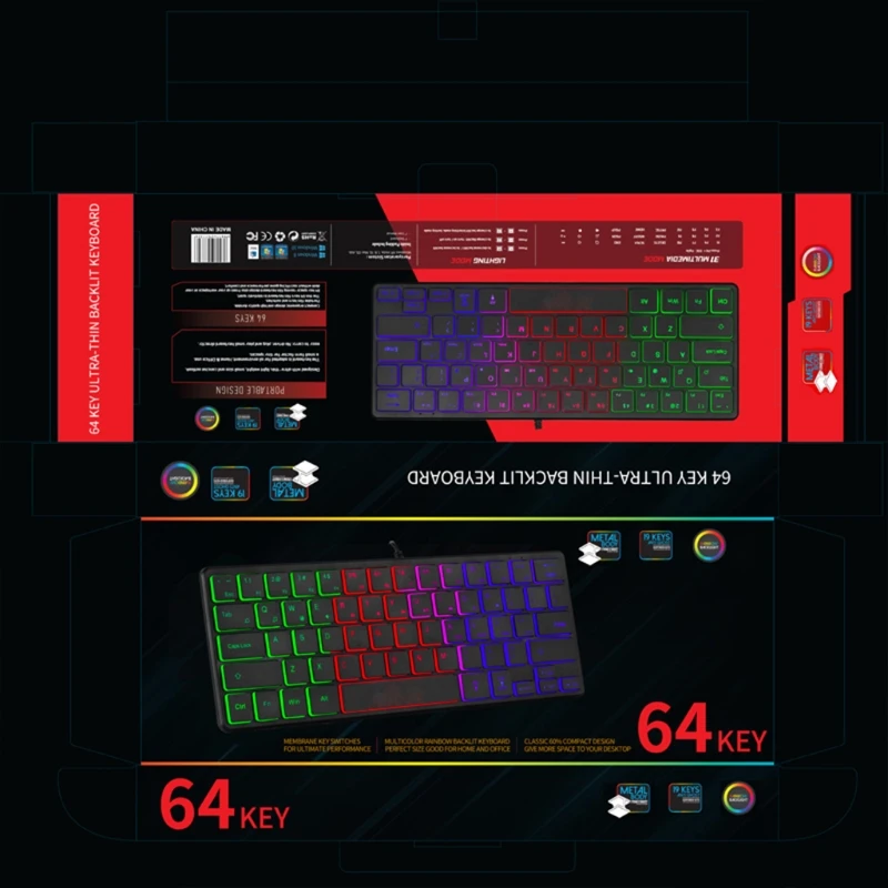 60% Compact 64 for Key Keyboard True RGB Backlight USB Gaming Keyboard Ergonomic Game Keyboard Suitable for PC Gam