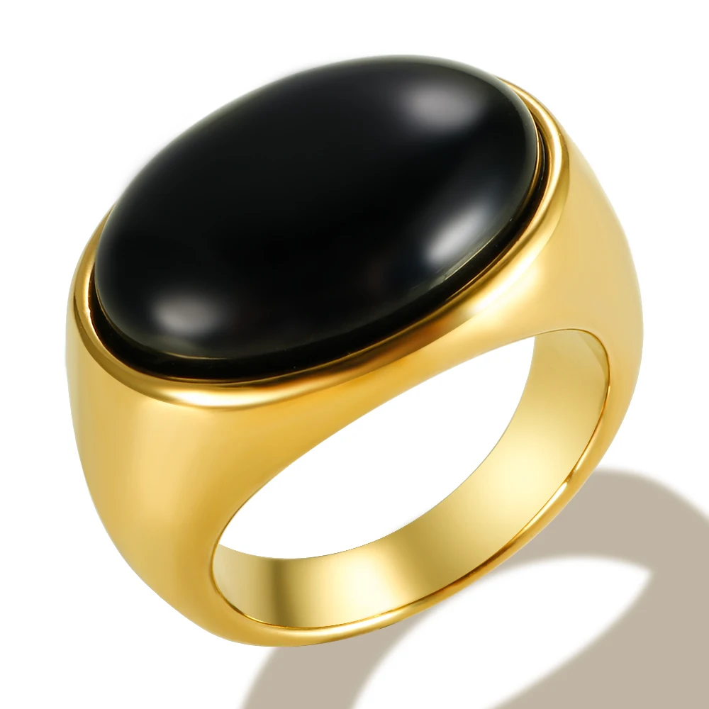 Gold Color Plated Stainless Steel Oval Bold Chunky Rings For Women High Grade Natural Black Carnelian Stone Wholesales Jewelry