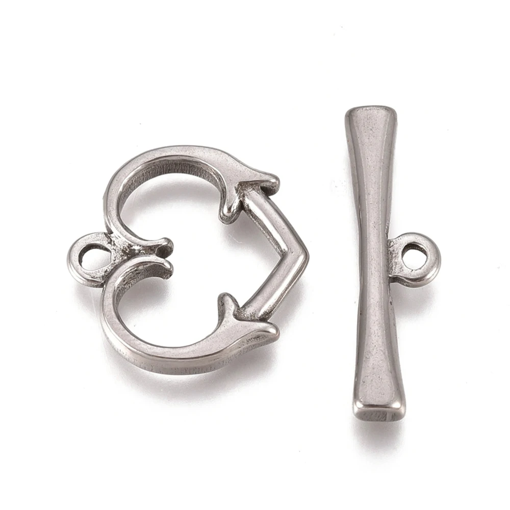 2Set 304 Stainless Steel Heart Toggle Clasps Heart Toggle Clasps Connectors Stainless Steel Color Metal Bar and Ring Clasps