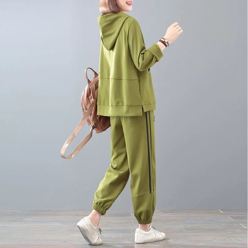 

Women's Green pullover Long Sleeves Casual Baggy Wide Leg Long Pants Two Piece Set Vintage Sports Style Suit Ladies