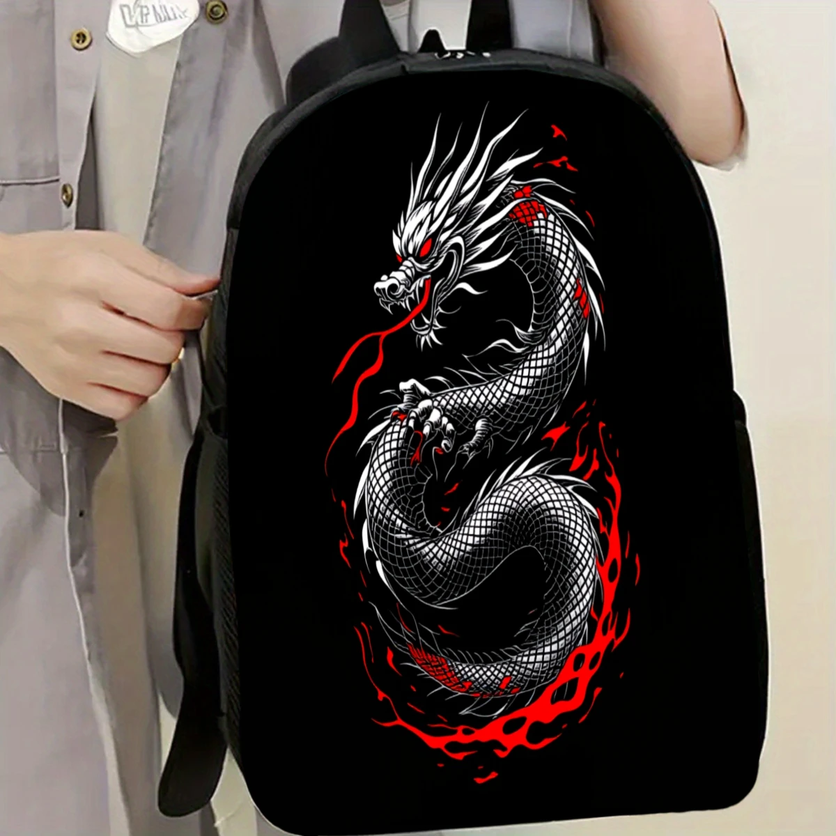 

1Pc, black and red dragon pattern printing cool style backpack fashionable new men's and women's backpack