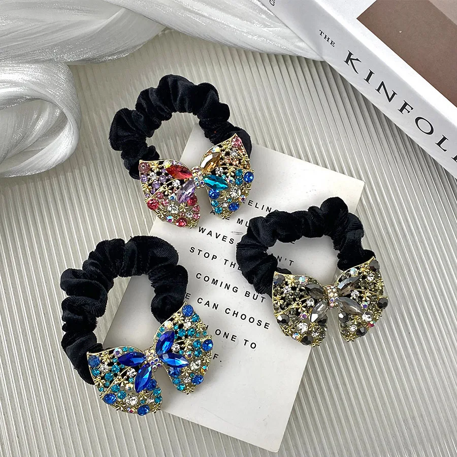 Shiny Cute Crystal Butterfly Elastic Hair Bands for Girls Baroque Colored Rhinestone Stone Butterfly Wings Hair Tie Headbands