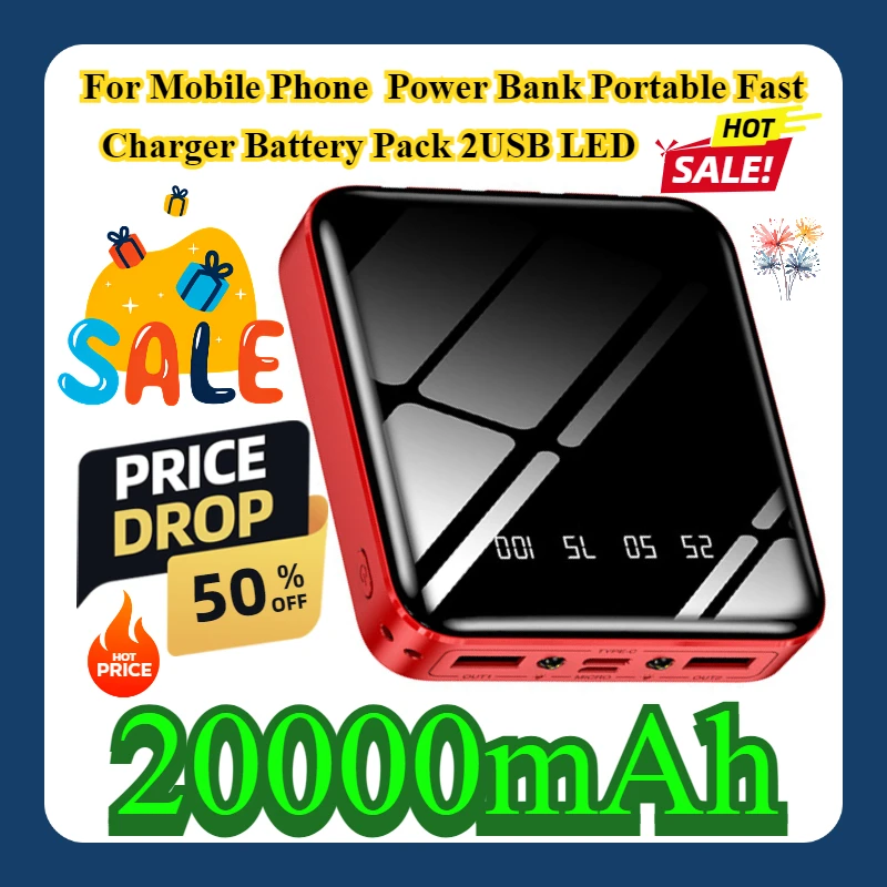 

For Mobile Phone 20000mAh Power Bank Portable Fast Charger Battery Pack 2USB LED