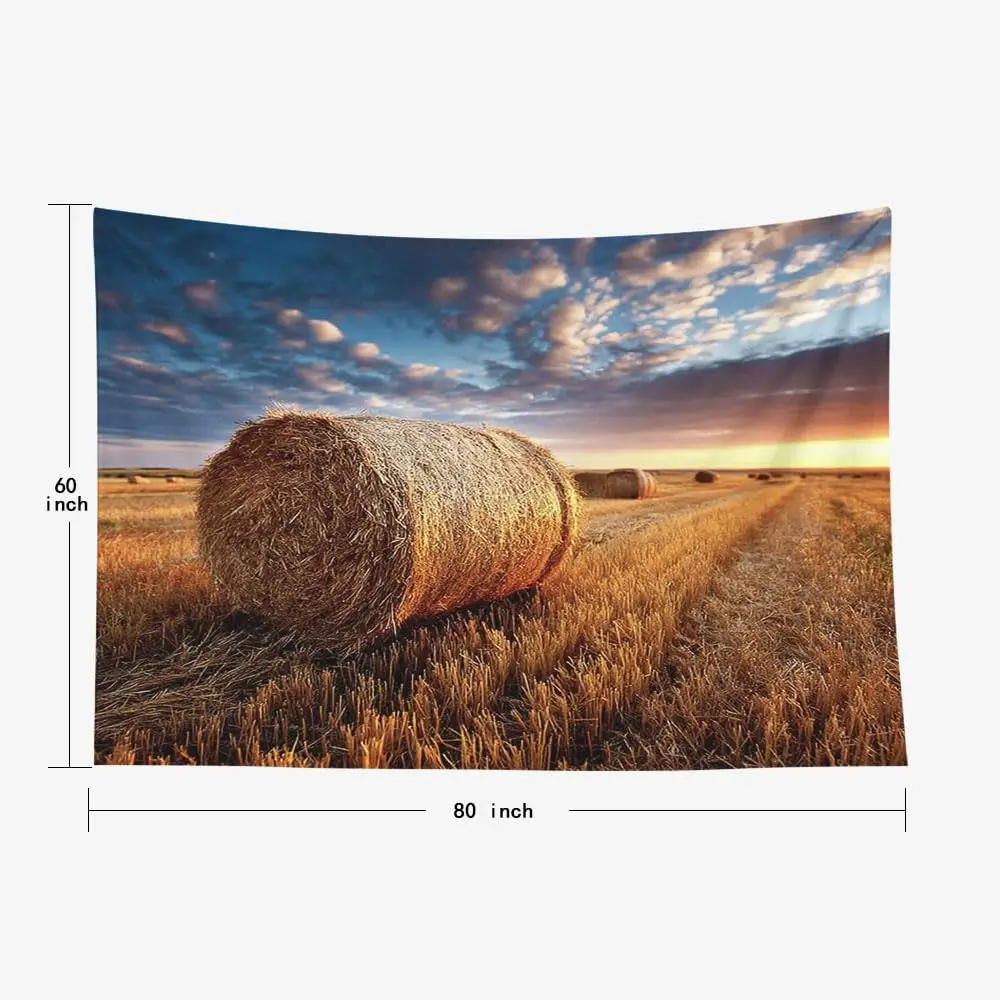 Golden Hour Hay Bale Field Tapestry Rustic Farmhouse Sunset Nature Landscape Wall Decor Harvest Art Print