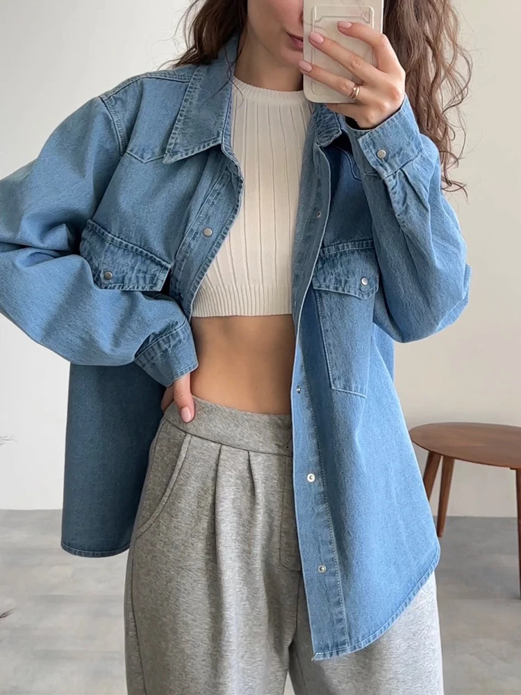 BL9350 New 2023 Casual Fashionable Denim Shirts Jean Pockets Korean Style Minimalist Autumn Winter Women's Blouses Lady Tops