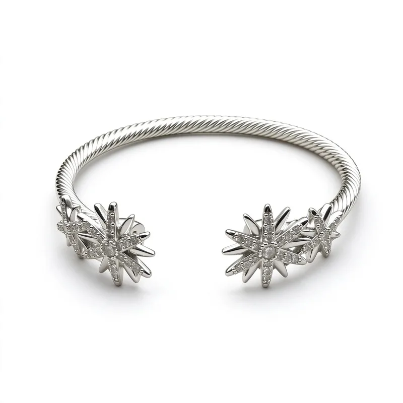 4mm Twisted Cable Cuff Bangle Bracelet forWomen, Sunburst Starburst End Caps with PaveCubic Zirconia, Silver Tone Alloy Open WireBangle, Celestial Style, Dainty Yet Bold, DailyWear Party, Stackable, Perfect Gift for HerWomen Ladies, Great Birthday An