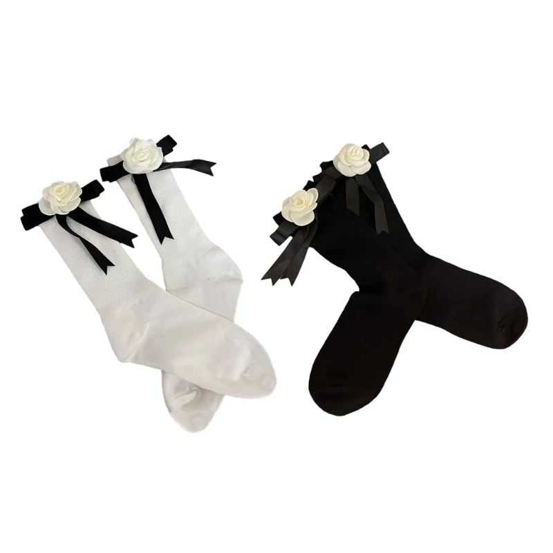 

Women Spring Summer Calf Socks Lolitas Ankle Socks Sweet Crew Socks Sweet 3D Flower Bowknot Ribbon Middle Tube Socks