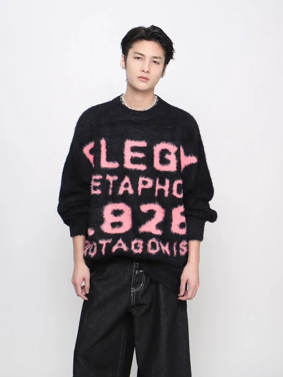 

Retro American Letter Embroidery Color Blo Design Fake Fur Knitted Sweater ex Trendy Brand Autumn Winter Lazy Coupl...