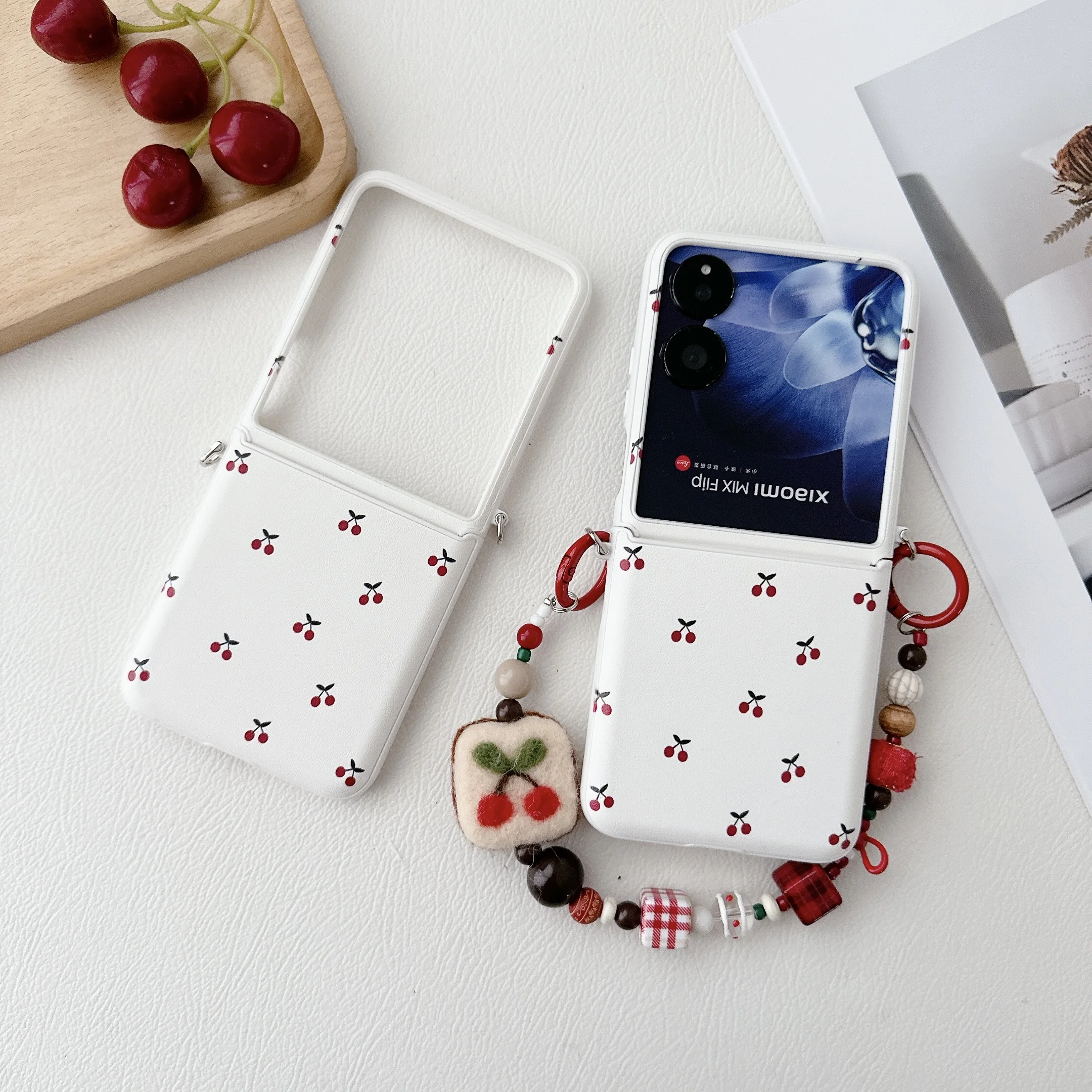 Luxury Unique Fashion Cute Cherry Pearl Strap Wrist Phone Case Cover For Xiaomi Mix Flip