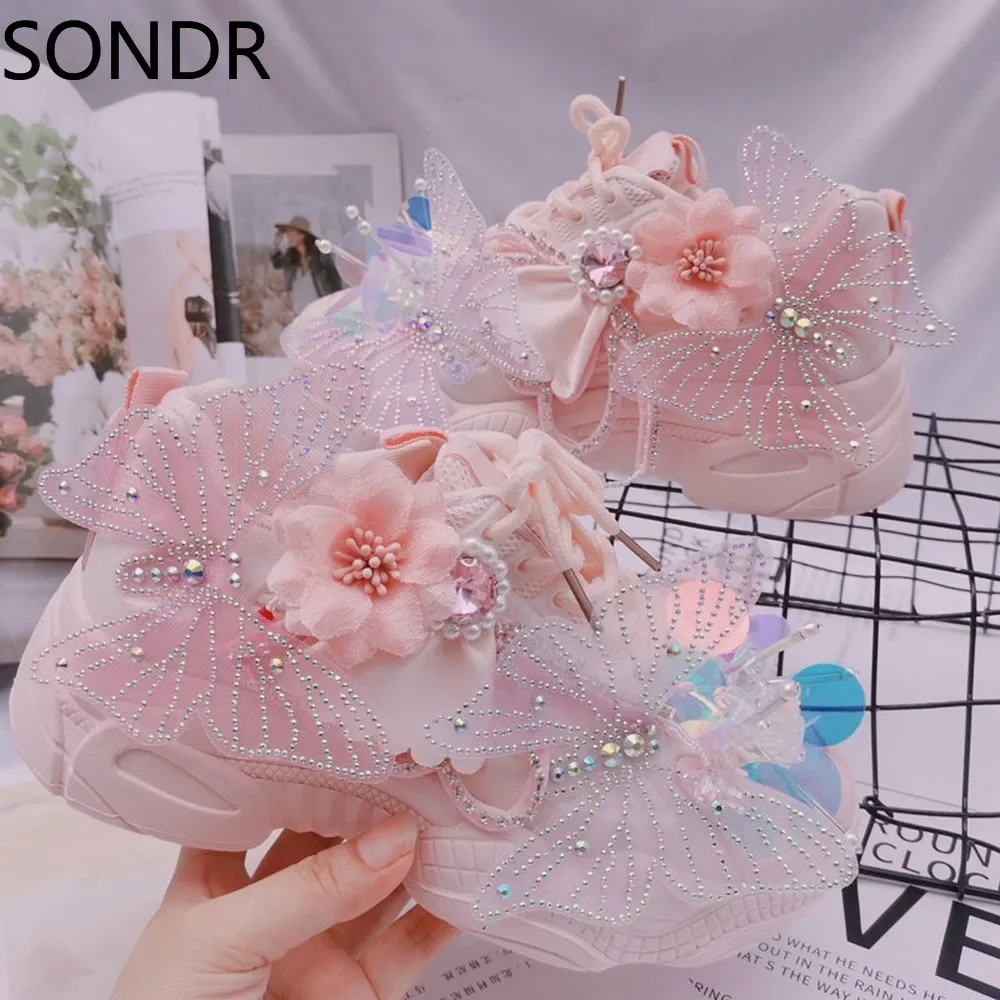 Womens Flowers Sneakers Lace Up Rhinestones DIY Flowers Butterfly Shiny Girls Shoes Casual Sweet Pink Lolita Gift New 2024