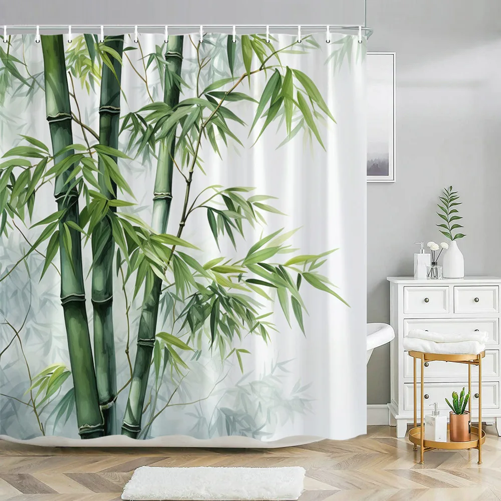 Chinese Landscape Shower Curtain Ink Painting Bamboo Landscape Cherry Blossom Writing Landscape Shower Curtains Bathroom Decor