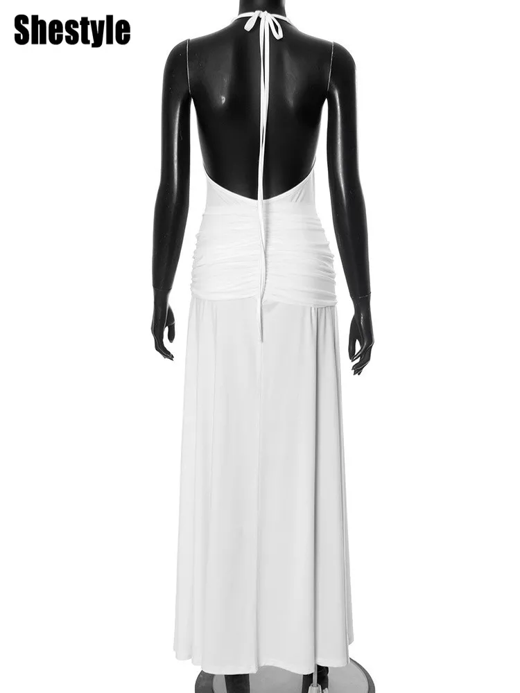 Shestyle Women Partwear Long White Dress Sleeveless Flare Floor Length Backless Elegant Grace Crew Neck Soft Outfits Waistband