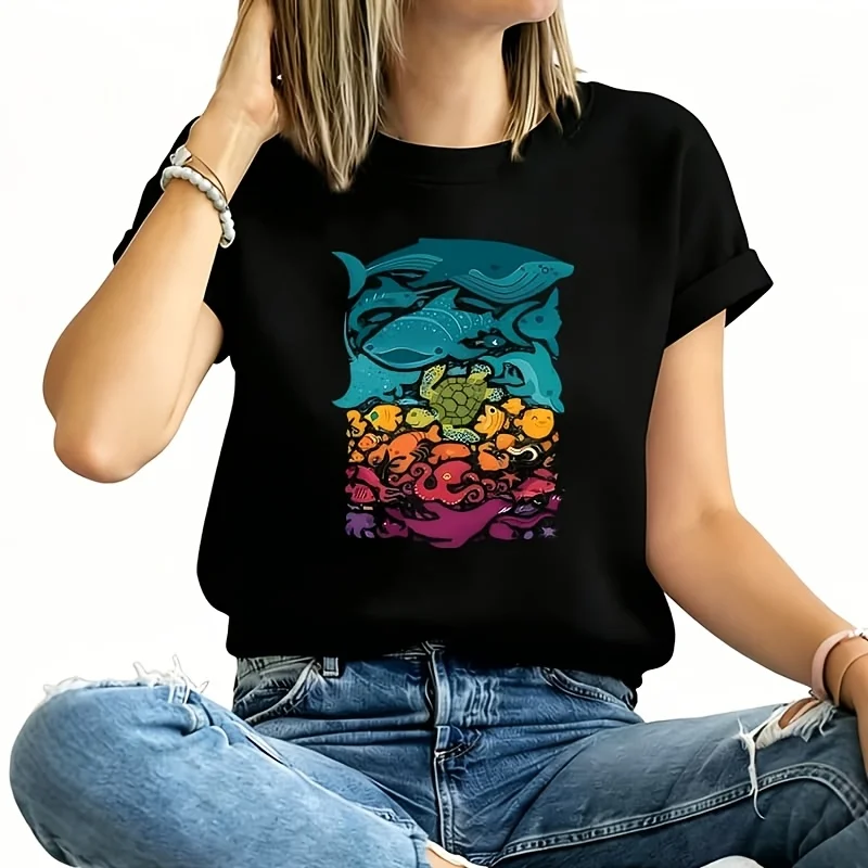 Turquoise & Multicolor Oceanic Marine Life Women's Plus Size T-Shirt 100% Cotton 220g