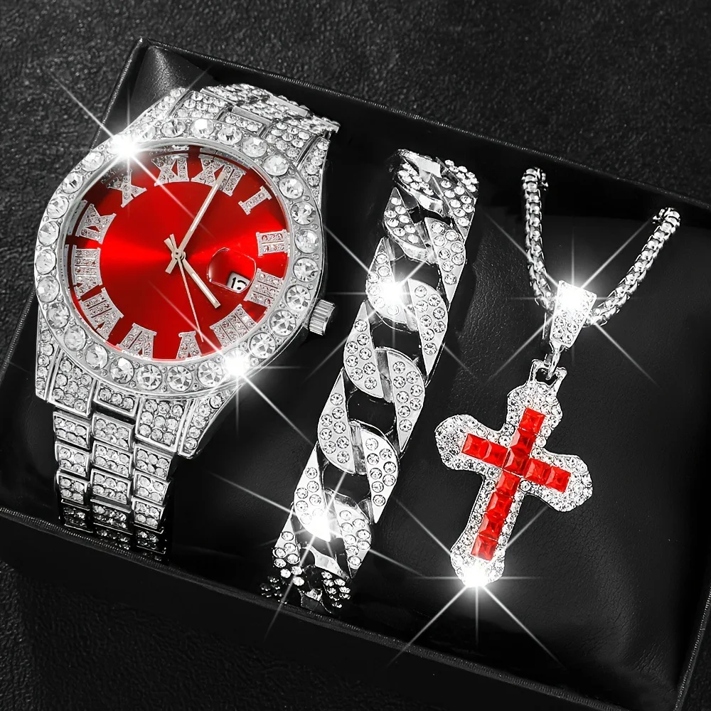 

3 шт./компл. мужские часы модные хип-хоп роскошный комплект с бриллиантами для отдыха простая стальная полоса кварцевые часы браслет ожерелье комплект ювелирных изделий в стиле панк