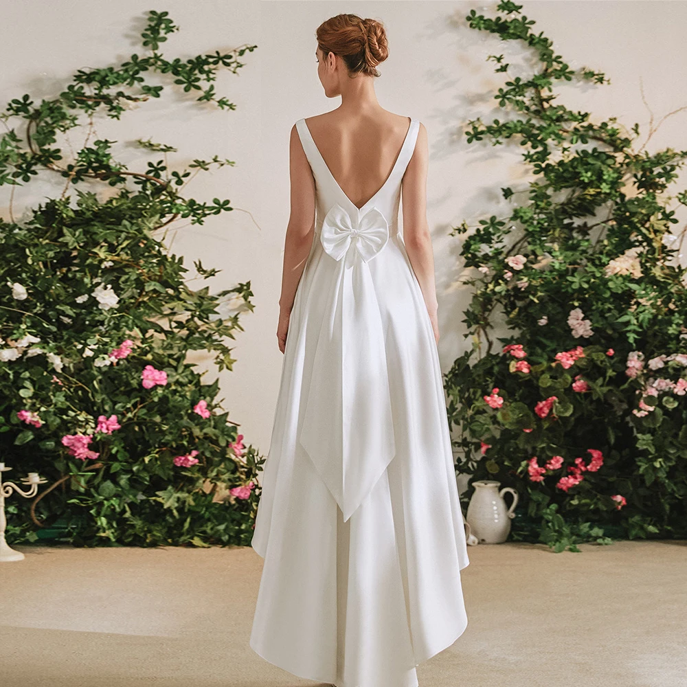 Simple Chiffon V Neck Wedding Dresses Hi-Lo Open Back Sleeveless Bridal Growns Bow Contoured Piping Vestidos De Novia 2024