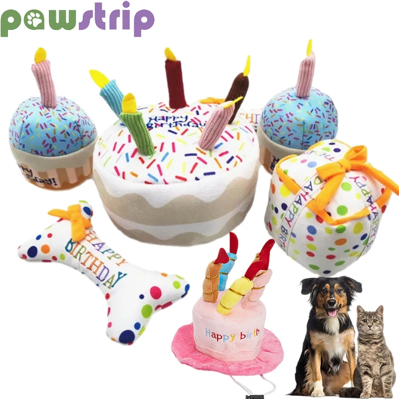 

Dog Birthday Cake Toy Bite Resistant Plush Squeaky Toys Puppy Birthday Gift Teeth Cleaning Playing Interactive Toy Pet Supplies