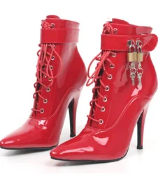 CACA Patent Leather Women Sexy Short Boots,High Heels Ankle Botas,Men Cosplay Pole Dance Shoes,12cm,Big 46,Padlocks,Dropship