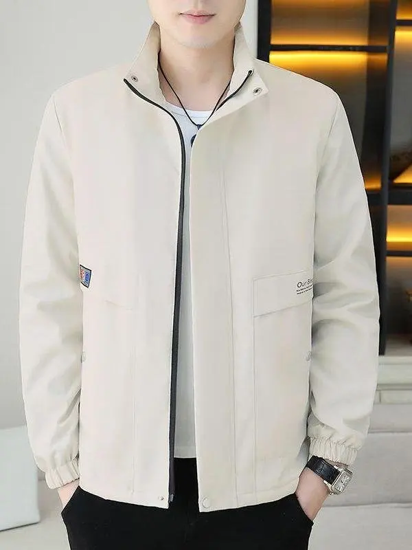 

Men's Spring Autumn Thin Jaet Casual Long Sve Stand Collar Windbreaker Coat Sli Versatile Lightweight Breathable Top