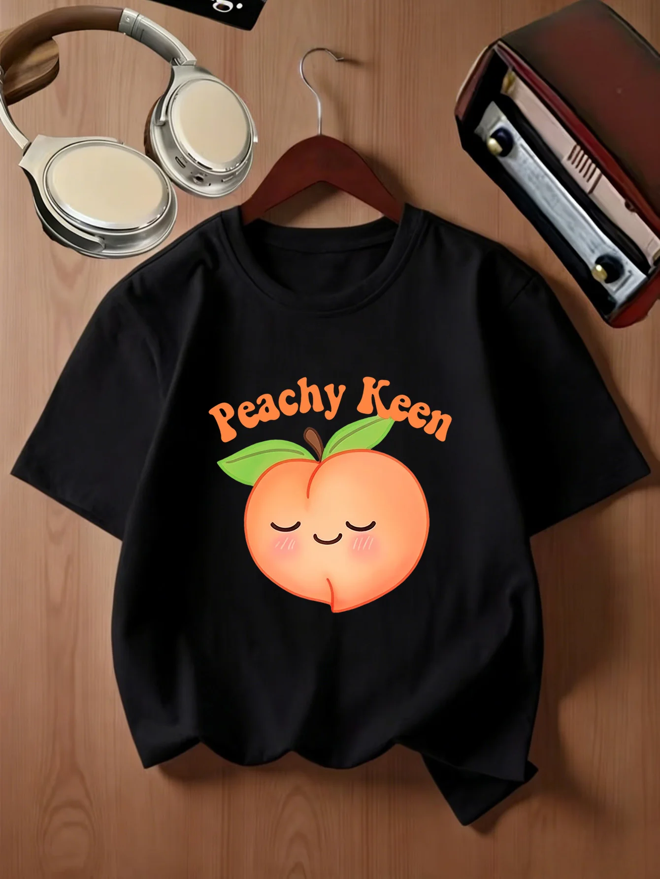 Kawaii Blush Peach With Letter Slogan Print Kids T Shirt Boys Girls Family Matching Parent Child Summer Crew Neck Casual Tee