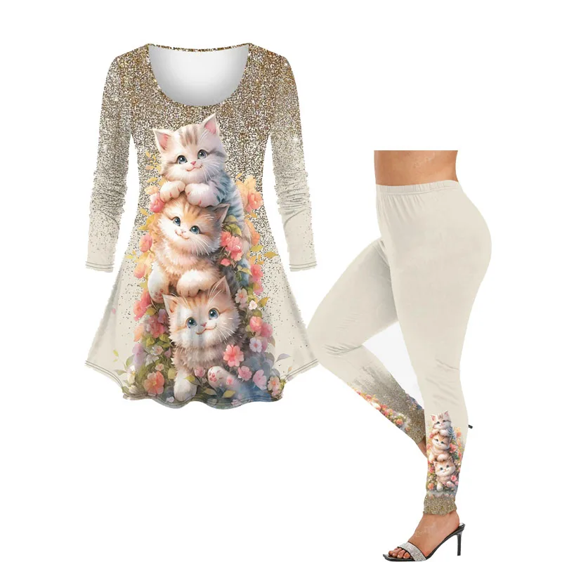 

Plus Size Women's Matching Set Cute Cats Flowers 3D Printed Long Sleeve T-shirt Cartoon Graphic Leggings XS-6X Casual Outfits