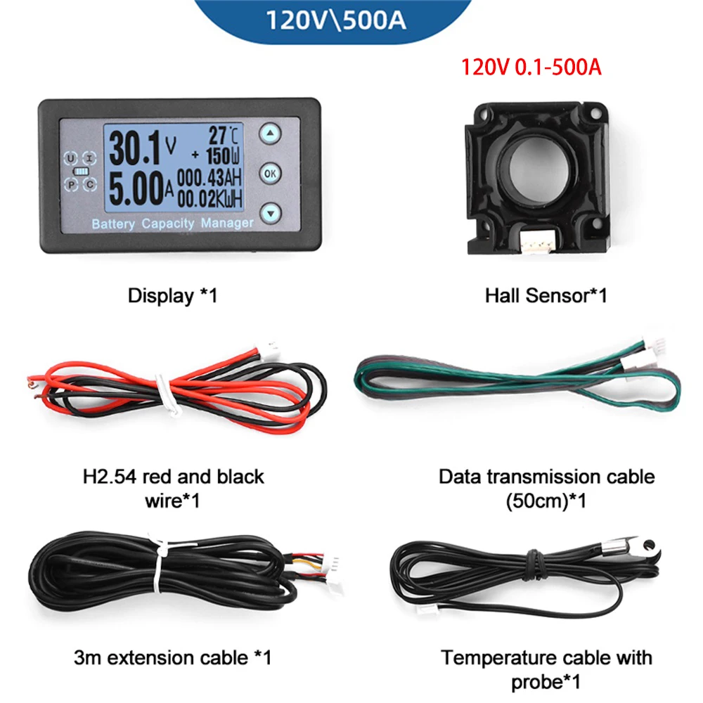 DC8-120V 50-500A 60KW Battery Monitor Hall Sensor Coulomb Tester Digital Voltmeter Ammeter Battery Capacity Coulometer for Car