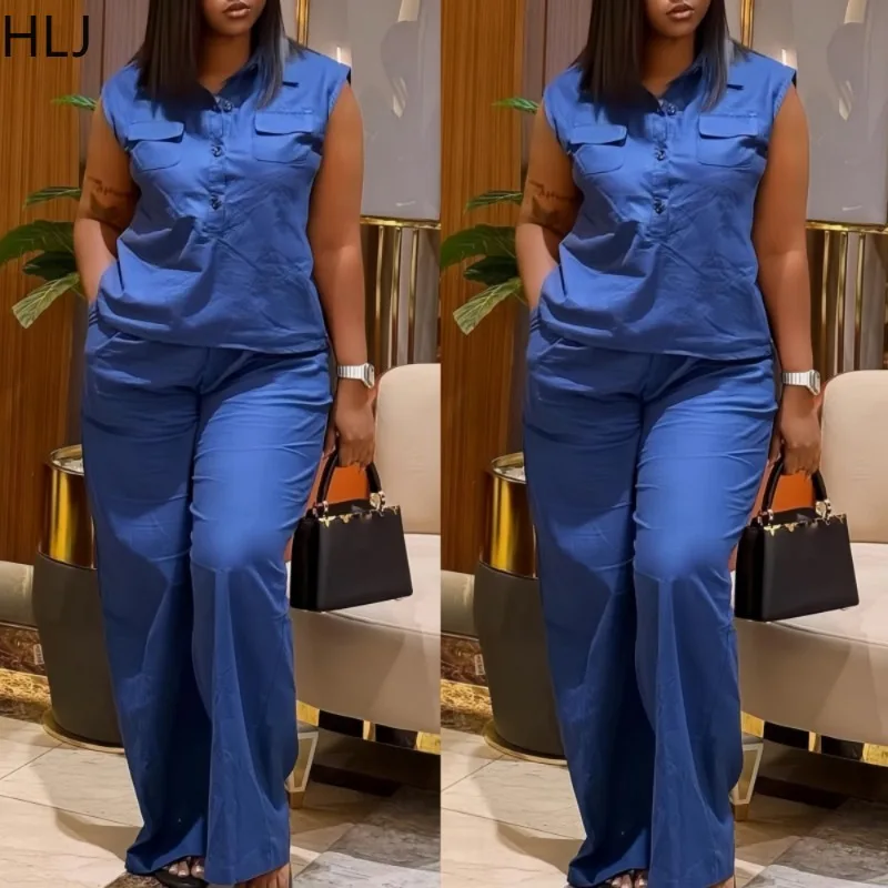 

HLJ Fashion Cargo Pocket Patchwork Two Piece Outfits Woman Solid Color Sleeveless Vest and Pants Female Streetwear New Not Denim