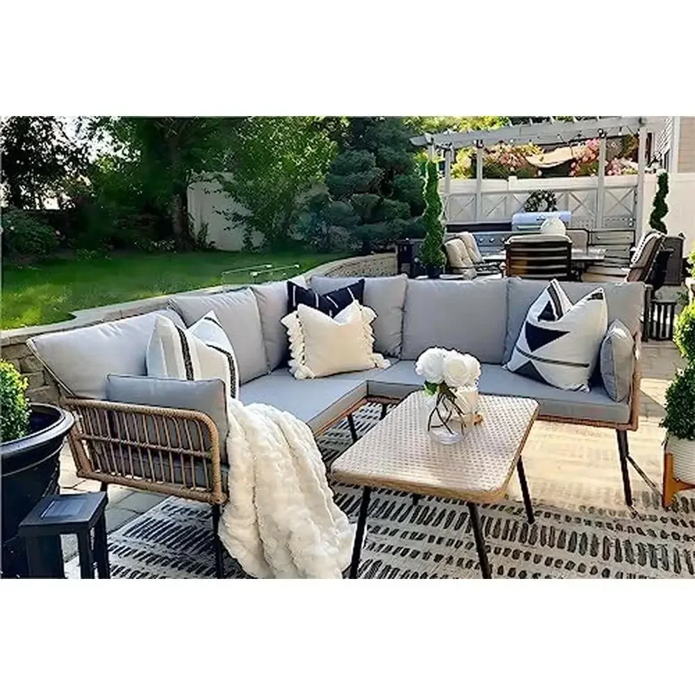 Outdoor Patio Wicker Sectional Sofa Set 5 Seater Boho Style L-Shaped Detachable Furniture 74 x 29 x 29 inches