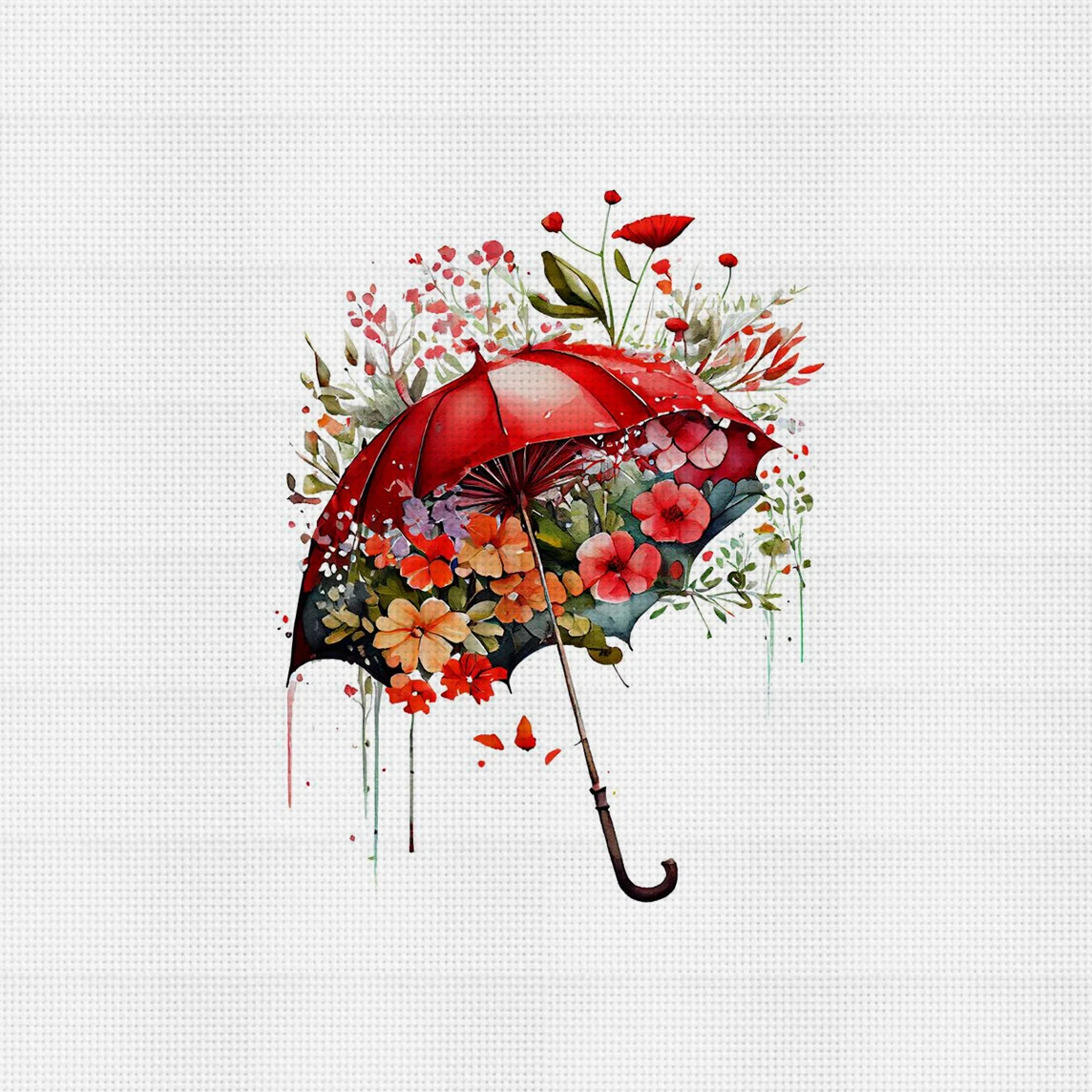 Roter Regenschirm & Blüten Kreuzstich-Set DIY 11CT Stickerei Heimwanddekoration Geschenk Handgefertigtes Material Rahmenlos Halbfertig 36×36cm
