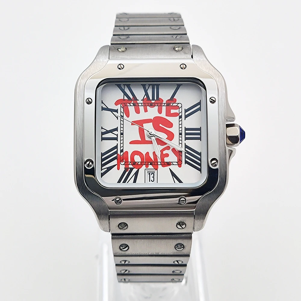 นาฬิกาผู้ชาย NH35 หน้าปัดทรงสี่เหลี่ยม หน้าปัดแบบปรับแต่งได้ สายสแตนเลสแบบพับได้ เหมาะสำหรับอุปกรณ์เสริมนาฬิกาแบบกลไก NH35