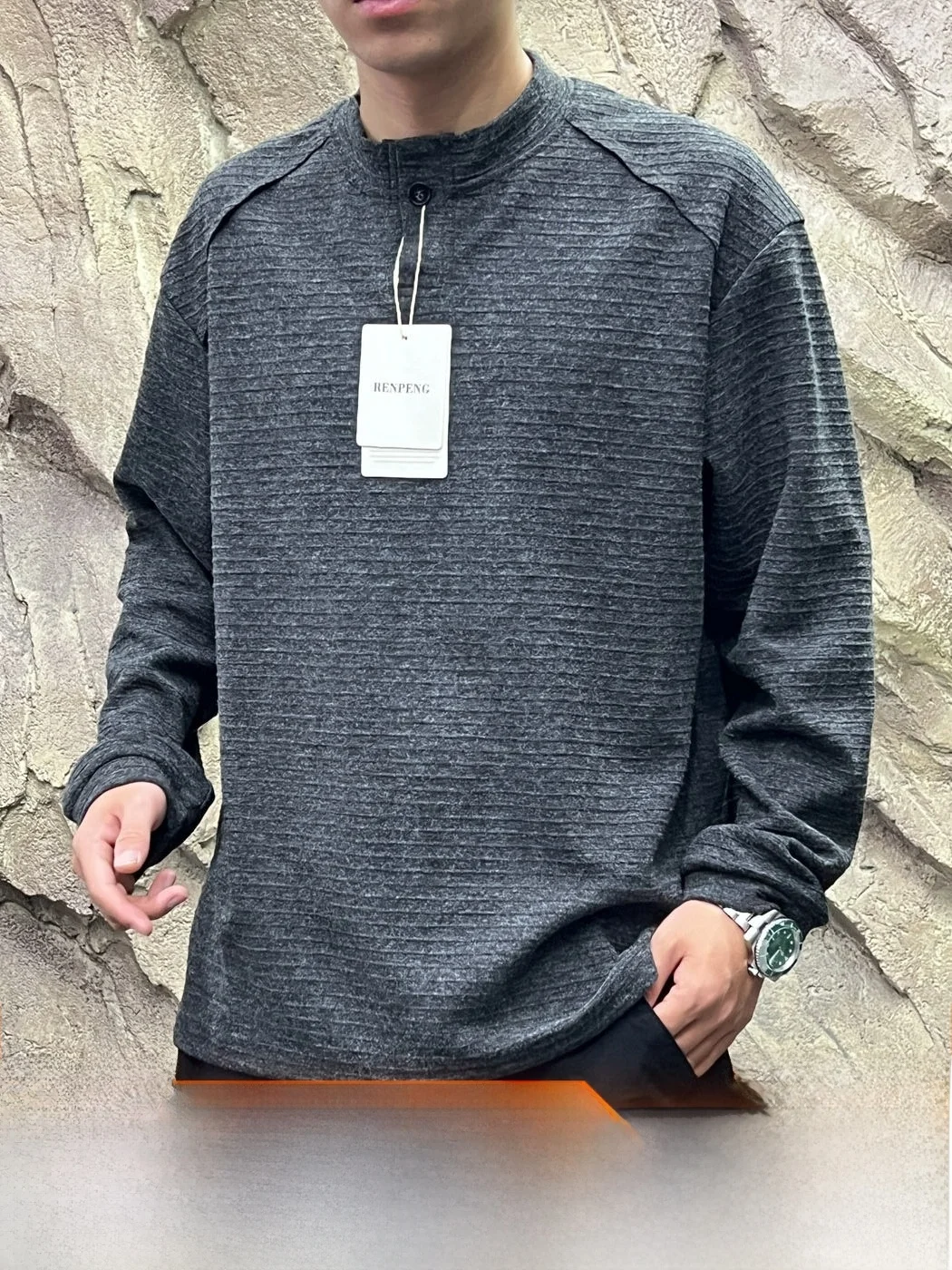 Italian Vintage Texture Men's Long Sleeve Base Shirt Henry Collar Outdoor Casual Wear Polyester Blend Comfortable Breathable