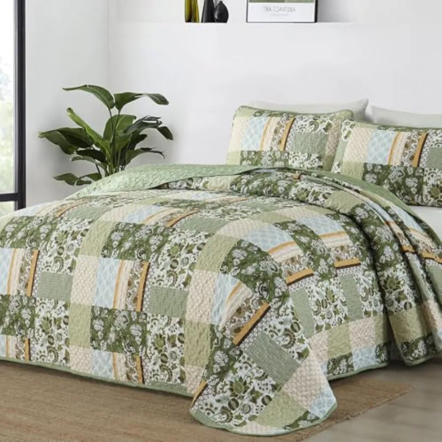 

Quilt Set Size 3 Pieces Patchwork Plaid Bedspread Coverlet Set Floral Soft Microfiber Bedding Set for All Season 78"×90