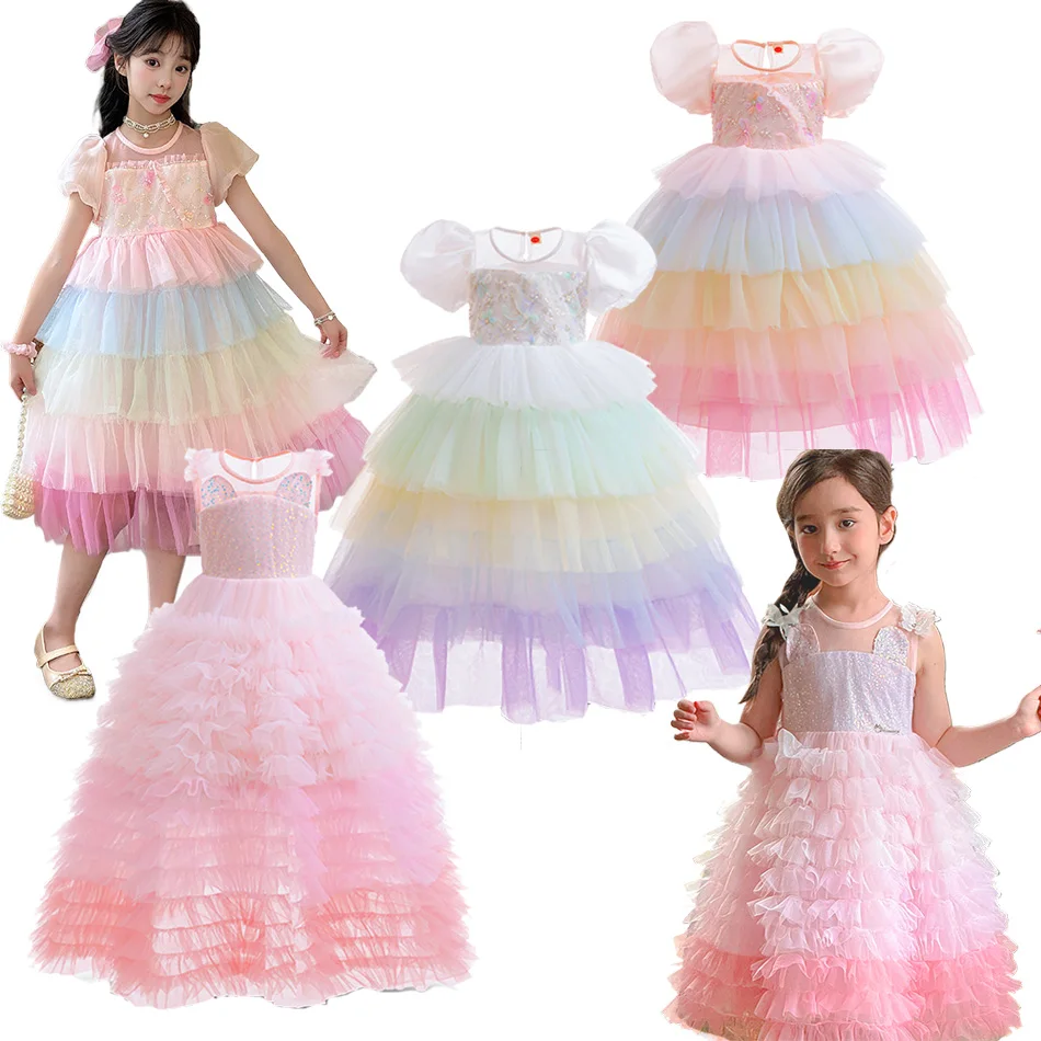 

Girls Princess Dress 2025 New Kids Korean-style Puff-sleeve Sequin Tulle Color-block Cake Dress Fairy-Tale Birthday Formal Gown