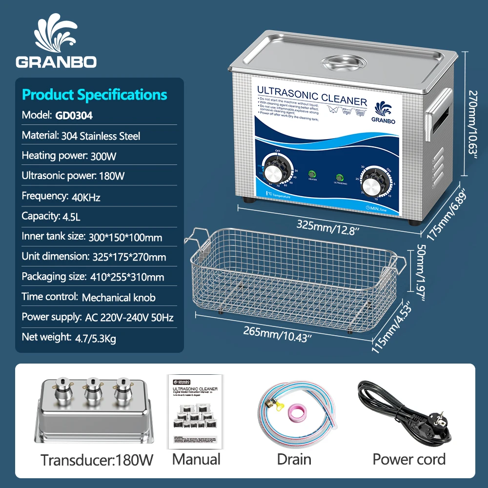 Pulitore ad ultrasuoni 4.5L 180W Riscaldatore Manopola del timer Controllo 40KHz Macchina per la pulizia ad ultrasuoni per strumenti dentali Modelli 3D Ricambi auto