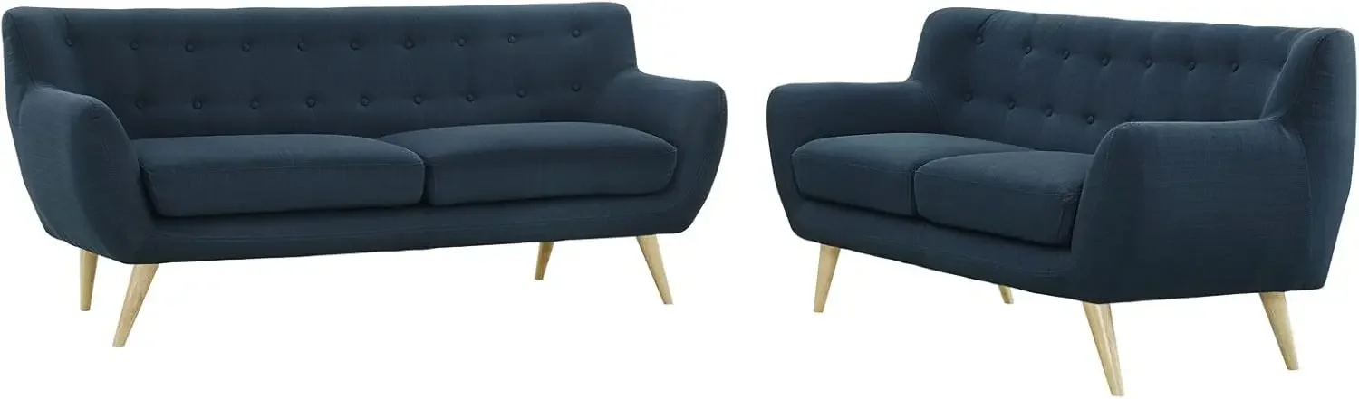 

Remark Mid-Century Modern Upholstered Fabric Living Room Set, Loveseat and Sofa, Azure