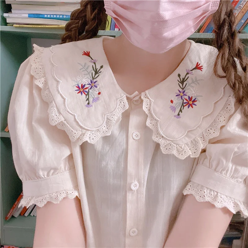 Summer Kawaii Lolita Blouses Women Cute Lace Ruffles Floral Embroidery Chic Shirts Sweet Girl Japanese Short Sleeve Blusas Mujer