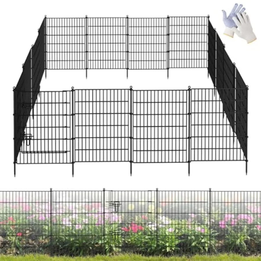 

16 Panels Garden FenceRustproof Metal Fence Panels - 32in H ×37.8ft (L) Garden Fencing Animal Barrier with Gate Dog Fe