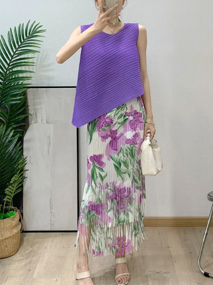 

ANLAN Summer 2025 New Pleated Two Pieces Set For Women Irregular Sleeveless Tops And Printting Tassel Hem A-line Skirt 2AN4371