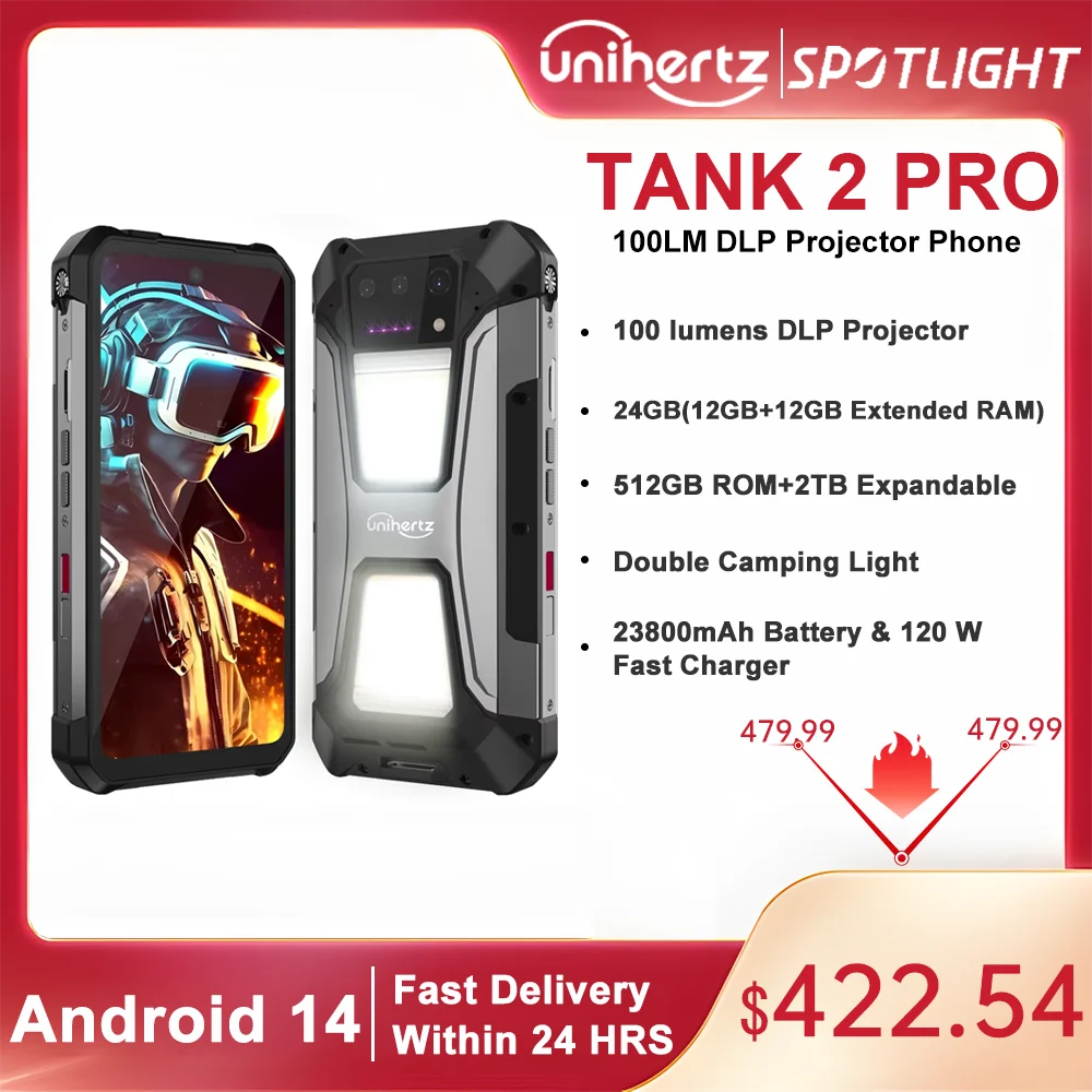 Unihertz tank 2 Pro 8849 rugged phone with projector, 100MP camera, 24GB 512GB, Android 14, 100MP, NFC, Helio G99, 23800mAh , 4G