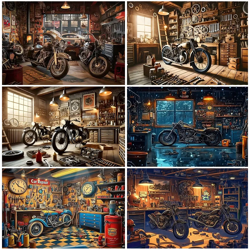

Retro Motorcycle Garage Workshop Theme Backdrop Vintage Hot Car Garage Party Decorations Nostalgic Photography Background Gifts