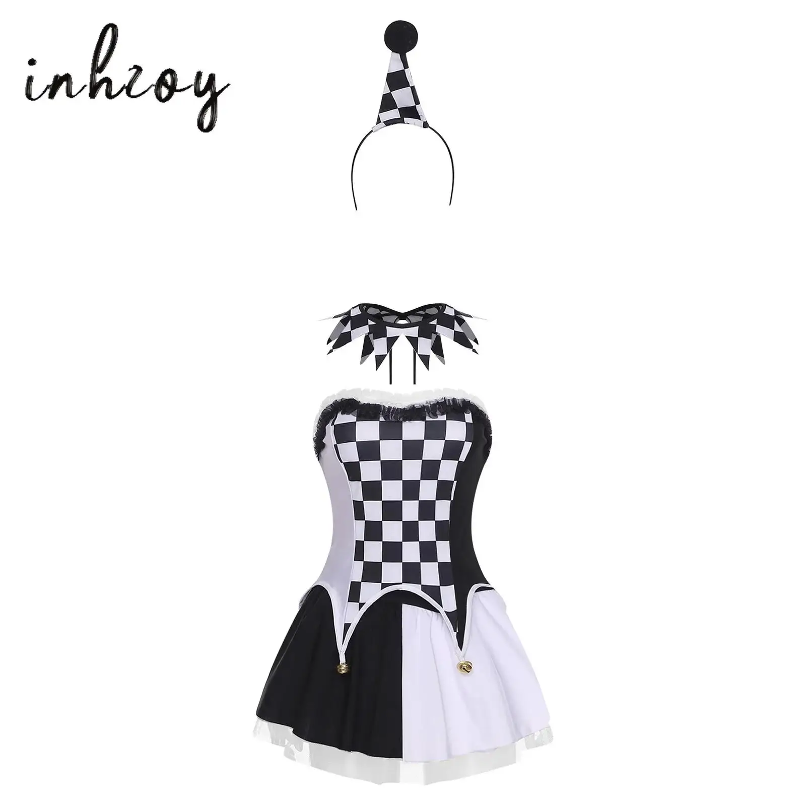 

Womens Halloween Clown Cosplay Costume Checkerboard Strapless Top+Contrast Color Miniskirt+Necklace+Headwear Party Evil Dress-up